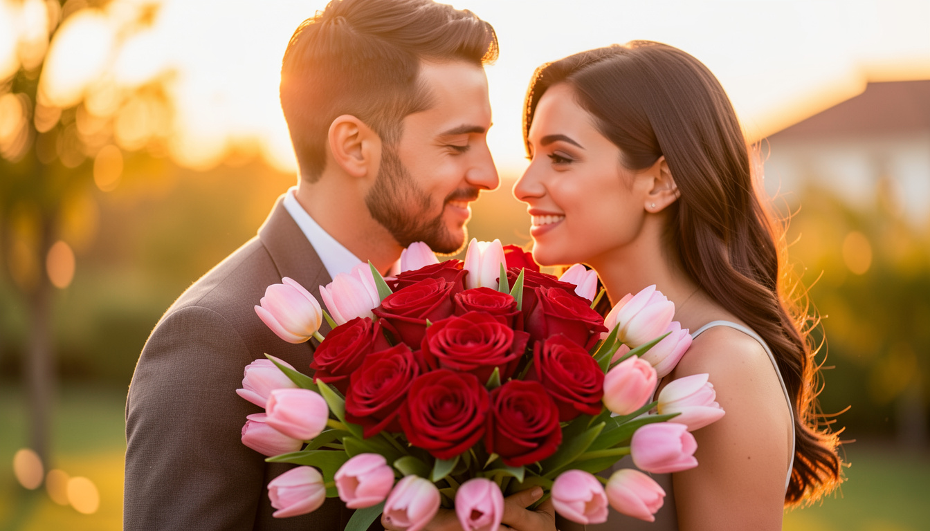 luxurious red roses bouquet and elegant pink tulips bouquet.